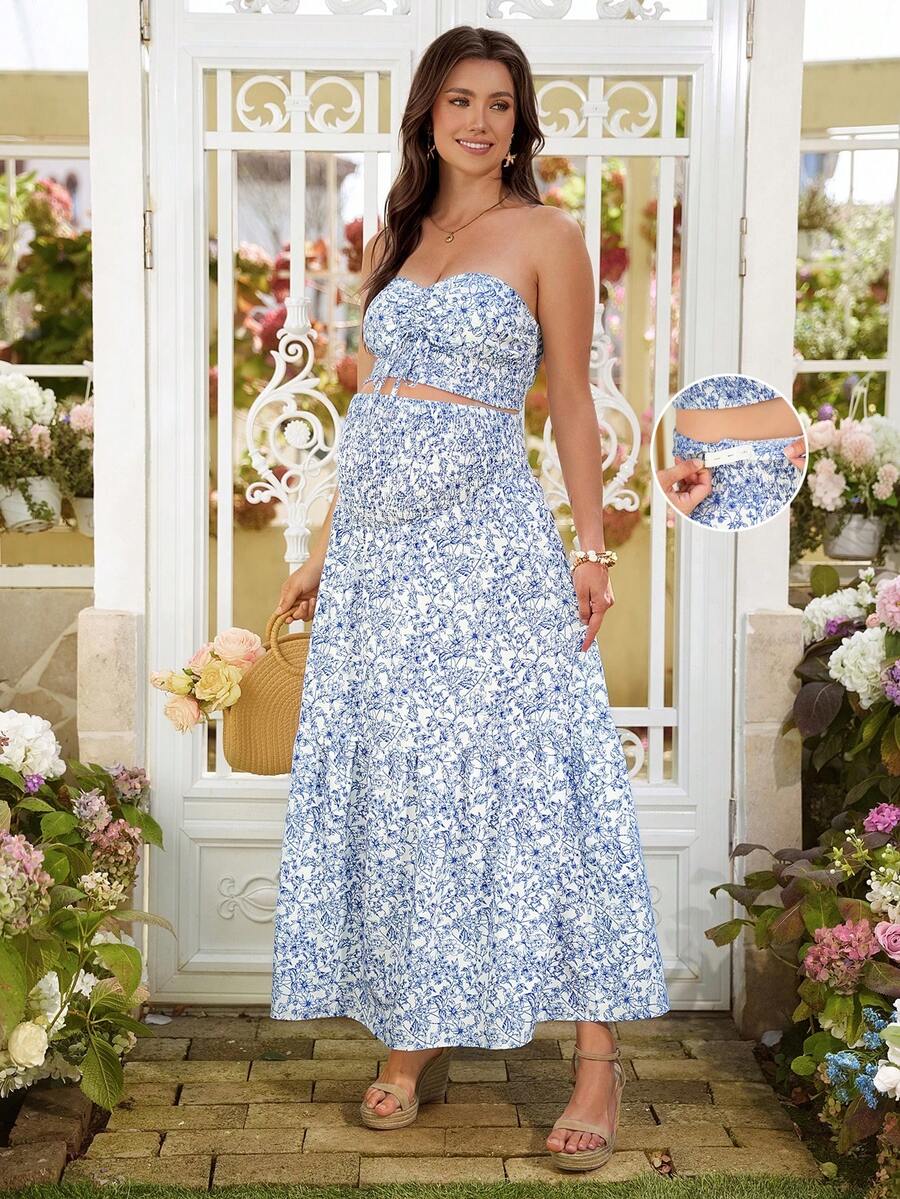 SHEIN 印花花卉吊带背心和迷你裙两件套孕妇度假套装 - 彩色 - 查看 1