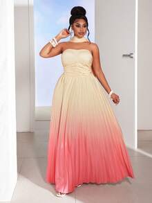 Maweii Ombre Yellow & Pink Gradient Halter Pleated Dress With Sash,Champagne Summer Elegant Formal Plus Size Women's Vacation Beach Party Dress - Multicolor - View 4