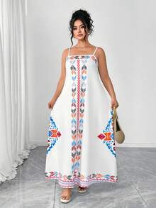 Elenzga Vestido largo elegante con estampado y tirantes cruzados para mujer de talla grande - Multicolor - Ver 7
