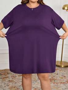 SHEIN CURVE+ Đầm ngắn tay cổ tròn dáng rộng thoải mái, thích hợp cho mùa hè. - Màu tím - Xem 9