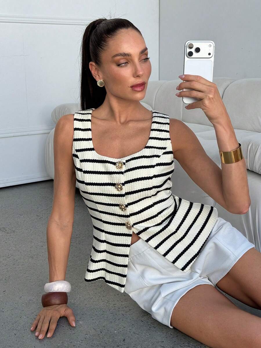 SHEIN Lavishia Áo sơ mi nữ không tay kẻ sọc cài cúc phía trước, kiểu dáng thường ngày, thích hợp cho mùa hè. - Đen và trắng - Xem 1