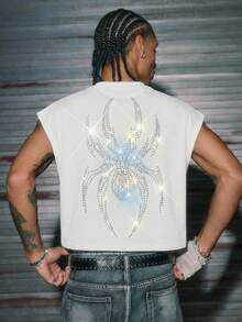 AXEPEAK High Street Fashion Tops Men's Loose Sleeveless T-Shirt Spider Pattern Rhinestone Decorated Tank Top - White - View 5