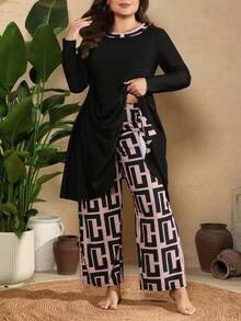 SHEIN Swim Set Pakaian Renang Burkini Wanita Ukuran Besar untuk Musim Panas di Pantai: Atasan Panjang Leher Bulat dan Celana Panjang Motif Geometris - Hitam - View 5