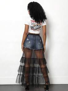 BamGleam 透视网纱层叠半身裙，多层黑色薄纱拼接透视罩衫半身裙，性感夜店派对街头风高腰长裙 - 黑色 - 查看 2