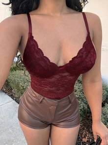 Alexandranx 女士黑色低胸蕾丝性感吊带可调节连体衣，适合情人节、春季和情人节穿着。 - 酒紅色 - 查看 3
