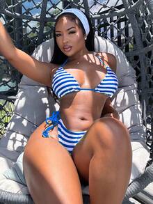 Alexandranx Women's Vacation Beachside Striped Swimsuit Set For Summer - Blue and White - View 1