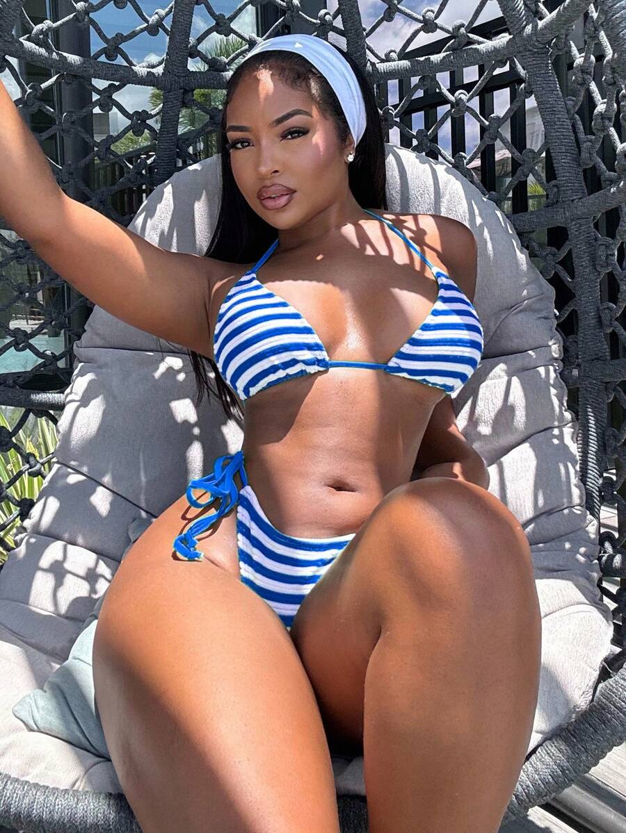 Alexandranx Women's Vacation Beachside Striped Swimsuit Set For Summer - Blue and White - View 1