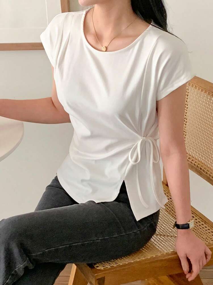 Women's Crew Neck Fitted Waist Tie White T-Shirt Summer