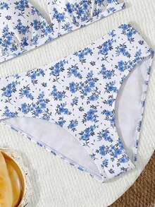 SHEIN 少女比基尼套装，挂脖碎花针织面料泳衣，两件式三角比基尼，时尚休闲优雅女士泳装，适合游泳、夏季度假、海滩、泳池，少女两件式泳衣，青少年泳装，两件式比基尼，少女比基尼 - 橘色 - 查看 4