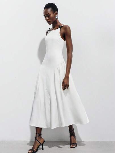 Aveloria Modichic Minimalist Tailored Ivory White Dress, Spaghetti Strap With Bow Decor, Waist Cinching Design, Slit, Smooth Synthetic Silk Fabric, Suitable For Formal Gala, Wedding Bridesmaid, Art Exhibition, Upscale Party And Romantic Date, Showcasing Elegant And Luxurious Qualities.