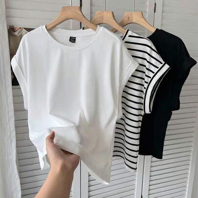 3 pezzi Set di magliette casual da donna a maniche corte con scollo tondo e spalle scoperte, a righe bianche e nere + bianche e nere, adatte per prima