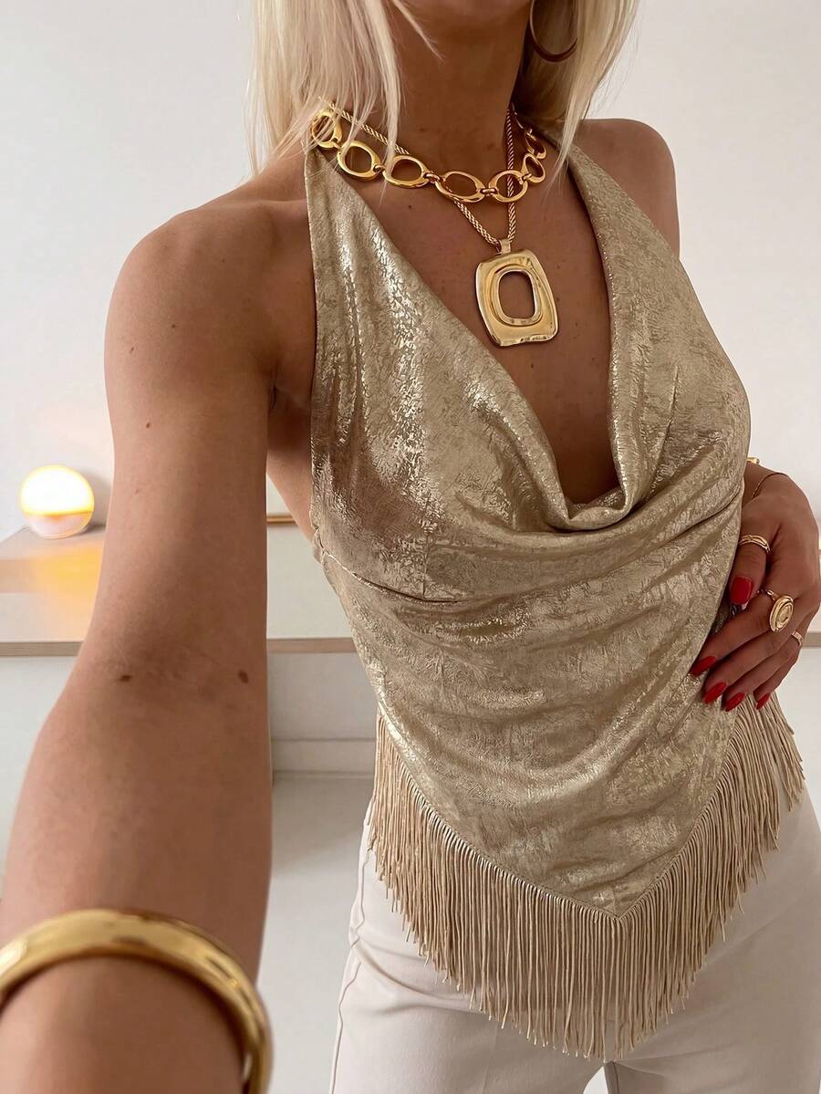 Firerie 优雅简约别致浪漫时尚通勤都市波西米亚度假音乐节派对深V领金属箔流苏露背金色吊带背心 - 金色 - 查看 1