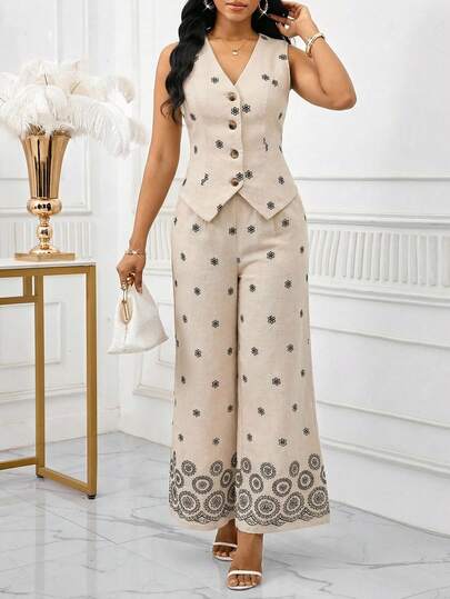 SHEIN Lady Women's Elegant Commuter Floral Embroidered Top And Wide-Leg Pants 2 Pieces Set, Summer