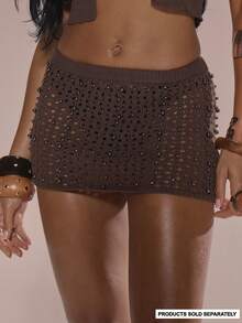 MUSERA Váy ngắn móc len với chi tiết đính hạt, thích hợp cho kỳ nghỉ hè, đi biển, Ibiza, lễ hội, thanh lịch, trăng anh đào. - Cà phê nâu - Xem 1