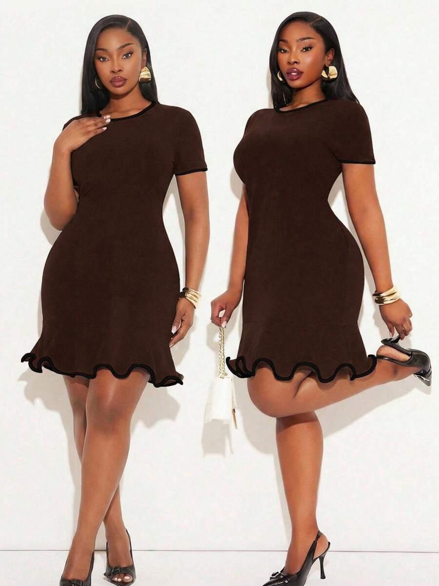 SHEIN SXY Plus Size Solid Color Minimalist Daily Wear Round Neck Short Sleeve Dress - Brown - View 1