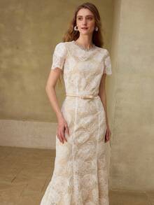 MOTF PREMIUM LACE JACQUARD RHINESTONE DETAIL DRESS - Apricot - View 4