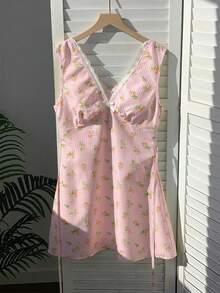 Comfortcana 2026 Nuevo Vestido Corto Floral de Mujer con Cuello en V sin Mangas, Encaje y Lazo para Primavera/Verano, Adecuado para Uso en Verano, También se Puede Usar como Atuendo de Primavera, Vestido para Fiesta de San Valentín, Vestido de Playa, Vestido de Invitada de Boda, Vestido Elegante, Vestido de Vacaciones, Vestido Casual y Vestido Floral con Estilo de los 2000. - Multicolor - Ver 3