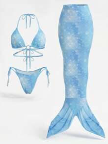 Swim SXY 新款美人鱼泳衣套装，蓝色渐变鱼鳞印花挂脖比基尼配美人鱼尾裙 - 彩色 - 查看 2