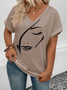 EMERY ROSE New Arrival Women's Fashion Print V-Neck Short Sleeve T-Shirt - Khaki - View 3
