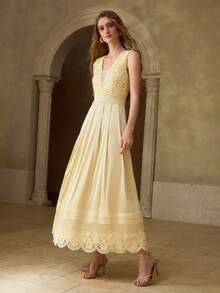 MOTF PREMIUM GAUN PANJANG SATIN BERKILAU MODEL A-LINE RENDA ELEGAN ROMANTIS UNTUK WANITA - Kuning - View 4