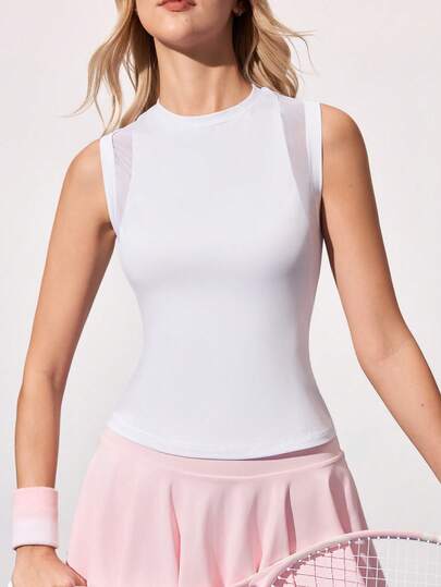 CourtClass Áo thun nữ không tay ôm sát kiểu yoga/tennis, có chi tiết lưới phối bên hông.