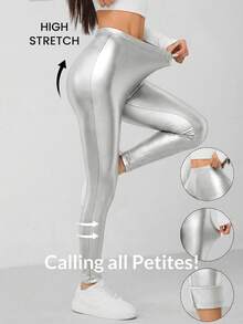 SHEIN PETITE Women's Silver Coated Knit Leggings - Silver - View 10