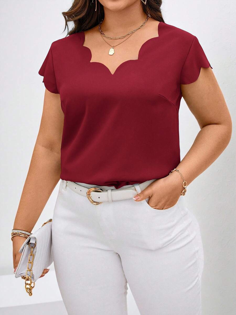 Chikora Plus Size Shell Trim Square Neck Short Sleeve Elegant Blouse - Burgundy - View 1