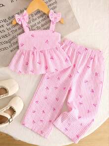 Emery Rose Kids Emery Rose Kids Bộ đồ thể thao thường ngày cho bé gái, thích hợp đi học, nghỉ hè, đi làm, gồm áo hai dây dáng chữ A phối họa tiết, thắt nơ và sọc, kết hợp cùng quần ống rộng cũng phối họa tiết. - Hồng - Xem 12
