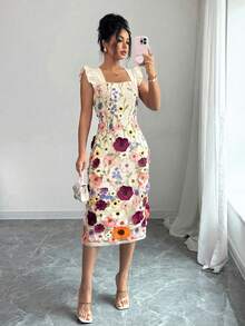 Rafferiza Women's Elegant Fashion Party Banquet Ribbon Spaghetti Strap Embroidered 3D Floral Waist A-Line Midi Lace Dress, Spring/Summer - Apricot - View 6