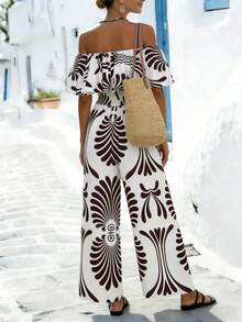 SHEIN Holidaya Bộ jumpsuit nữ trễ vai in họa tiết lá cây, kiểu dáng thường ngày, thích hợp mặc hàng ngày. - màu nâu - Xem 2