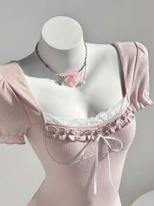 Elamini Maglietta casual da donna con scollo quadrato, arricciatura in pizzo e fiocco decorativo a contrasto di colore - Rosa - Visualizzare 5