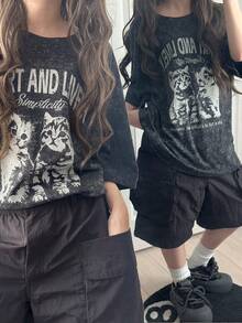 FRIFUL Áo thun nữ tay ngắn dáng rộng, màu trơn và in họa tiết, đa năng cho mùa xuân/hè. - Xám - Xem 4