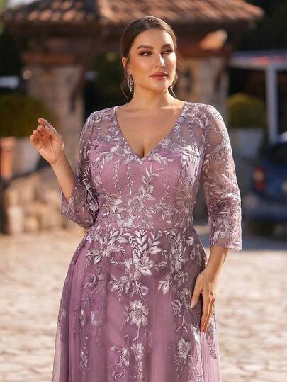 Serin Plus Size Elegant Luxury Beaded Embroidered V-Neck 3/4 Sleeve Applique Mesh Hem Dress, Suitable For Evening Party, Gala, Wedding, Music Festival, Mother Of The Bride Dress