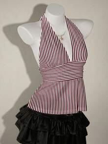 SHEIN ICON Halter Deep V-Neck Cinched Waist A-Line Backless Camisole - Multicolor - View 3