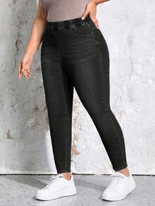 EMERY ROSE Plus Size Slim Fit Washed Slant Pocket Jeans Elegant - Black - View 4