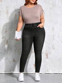 EMERY ROSE Plus Size Slim Fit Washed Slant Pocket Jeans Elegant - Black - View 5