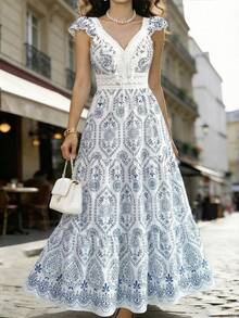 SHEIN LUNE Elegant Long Summer Dress With Woven Prints For Women - Blue - View 1