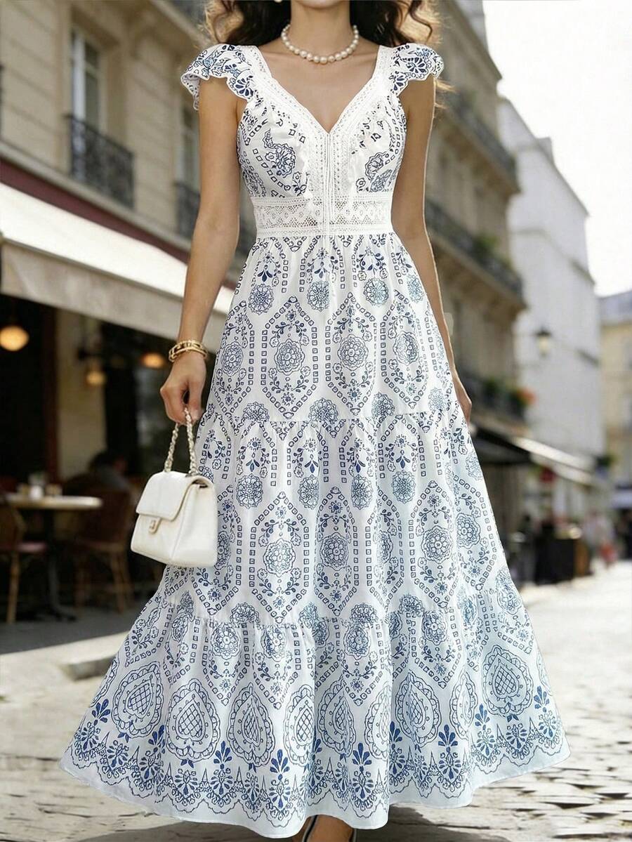 SHEIN LUNE Elegant Long Summer Dress With Woven Prints For Women - Blue - View 1
