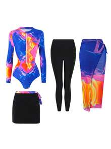 Swim Mulvari Set de 4 piezas de burkini de manga larga con cremallera y estampado tie-dye aleatorio, elegante para mujeres - Multicolor - Ver 6