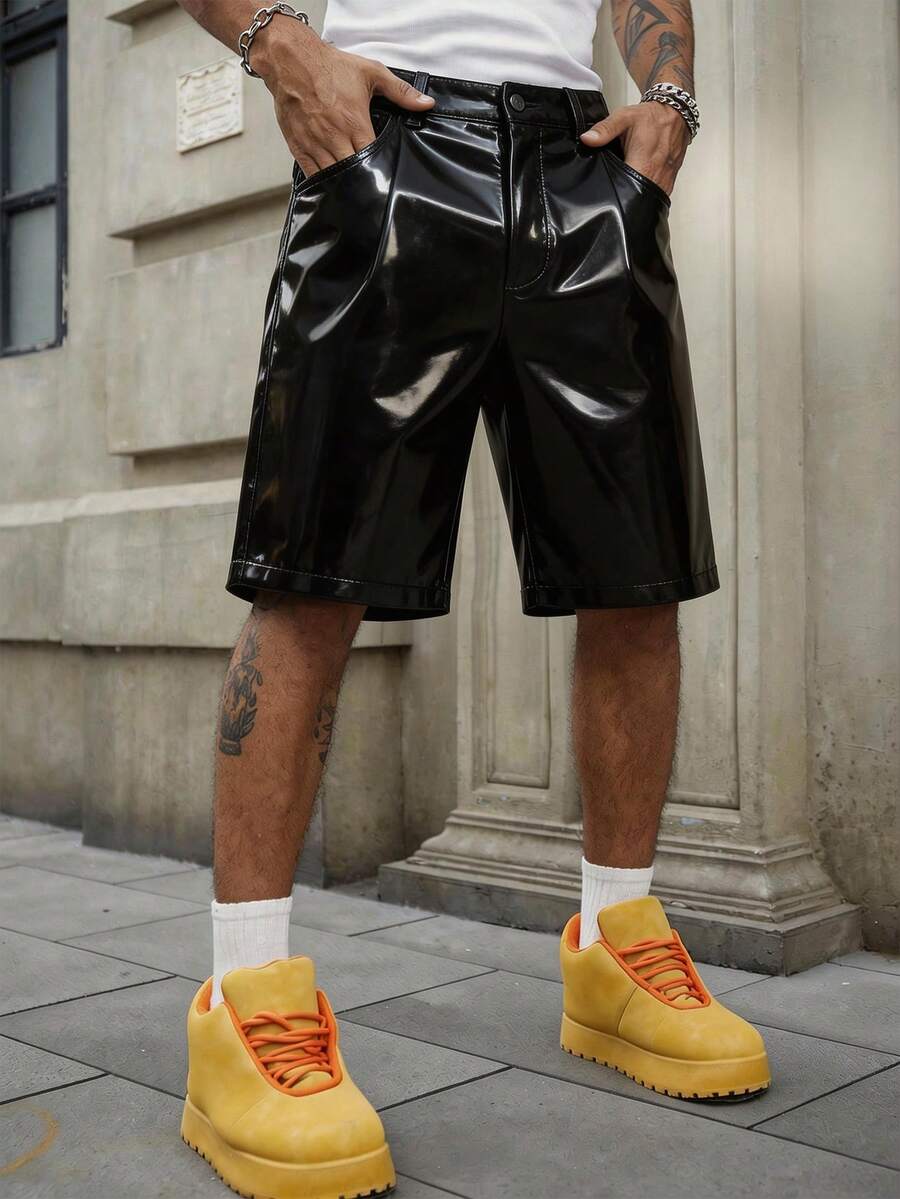 ROMWE MEN Men's Summer Street Fashion PU Leather Pocket Shorts - Black - View 1