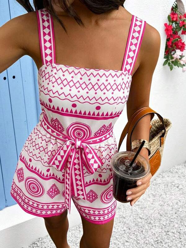 Vivid Eden Women's Vacation Geometric Print Tie Waist Pocket Jumpsuit,Vacation,Vacation Style,Holiday Clothes,Beach Vacation Outfits For Women,Casual Outfit For Women,Back To School Outfit,Going Out For Dating, Resort Wear Women,Holiday Outfits For Women,Summer Holiday Outfits