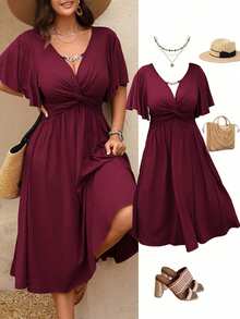 SHEIN LUNE Plus Size Women's Spring & Summer V-Neck Chain Splice Ruffle Twist Waist Textured Elegant Mid-Length A-Line Dress - Burgundy - View 1