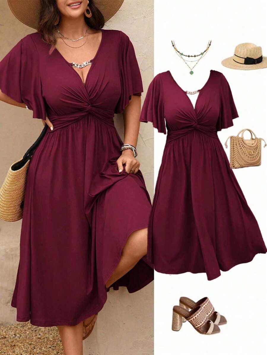 SHEIN LUNE Plus Size Women's Spring & Summer V-Neck Chain Splice Ruffle Twist Waist Textured Elegant Mid-Length A-Line Dress - Burgundy - View 1
