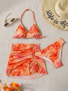 SHEIN Tween Girl Casual Vacation Beach Tropical Floral Print 3-Piece Bikini Set, Sweet & Vibrant Orange - Orange - View 3