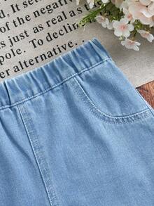 SHEIN Playful Pals Young Girl' Loose Denim Shorts, Comfortable & Versatile For Summer, Embroidered Mushroom Design, Elastic Waistband, Light Blue Denim Fabric, Suitable For Daily, Travel, Party - Blue - View 4