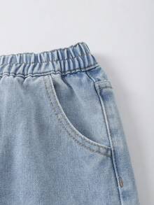 SHEIN Tween Girl Blue And White Striped Summer Streetwear School Back-To-School Soft Washed Versatile Loose Elastic Waist Floral Lace Patchwork Denim Jeans - Medium Wash - View 8