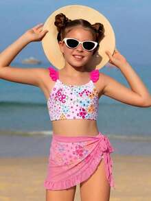 SHEIN 少女比基尼套装，可爱多彩（蓝、粉、黄、红、绿叶、花朵）针织面料，荷叶边裙摆三件套泳衣，时尚休闲优雅，适合游泳、夏季度假、海滩、泳池、节日派对 - 粉色 - 查看 9