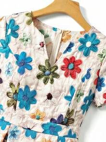 Franclia Vestido largo con cuello en V y drapeado de jacquard para mujer, adecuado para vacaciones de primavera/verano, fiestas y salidas - Azul - Ver 3