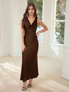 MOTF PREMIUM ELEGANT SATIN DRESS WITH DRAPED NECKLINE - Coffee Brown - View 3