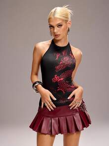 Shutterstock Y2Kool Áo tank top nữ Millennium Hottie kiểu Trung Quốc cổ điển họa tiết rồng, cổ yếm, dây buộc - Đỏ và đen - Xem 5